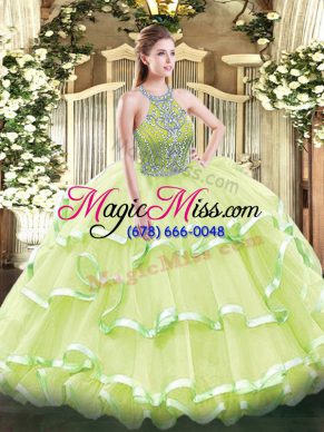 Yellow Green Ball Gowns Beading and Ruffled Layers Quinceanera Gowns Lace Up Tulle Sleeveless Floor Length
