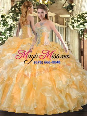 Deluxe Gold Sleeveless Organza Lace Up Ball Gown Prom Dress for Military Ball and Sweet 16 and Quinceanera