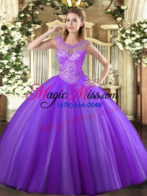 Elegant Sleeveless Tulle Floor Length Lace Up Quince Ball Gowns in Lavender with Beading
