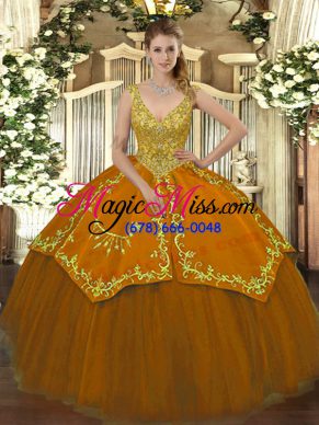 Pretty Sleeveless Floor Length Beading and Embroidery Zipper 15th Birthday Dress with Rust Red