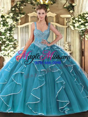 Teal Ball Gowns Tulle V-neck Sleeveless Beading Floor Length Lace Up Sweet 16 Quinceanera Dress