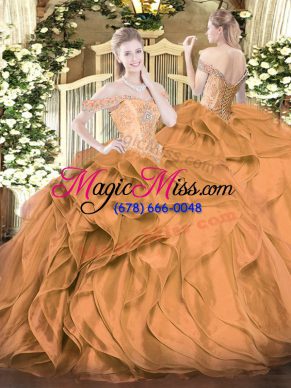 Popular Floor Length Lace Up Quinceanera Dresses Brown for Military Ball and Sweet 16 and Quinceanera with Beading and Ruffles