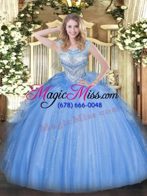 Floor Length Blue Sweet 16 Dress Scoop Sleeveless Lace Up