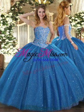 Sophisticated Blue Tulle Lace Up Ball Gown Prom Dress Sleeveless Floor Length Beading
