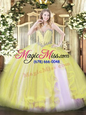 Graceful Floor Length Yellow 15th Birthday Dress Tulle Sleeveless Beading and Ruffles