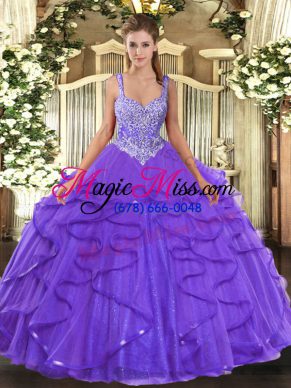 Lavender Tulle Lace Up Vestidos de Quinceanera Sleeveless Floor Length Beading and Ruffles