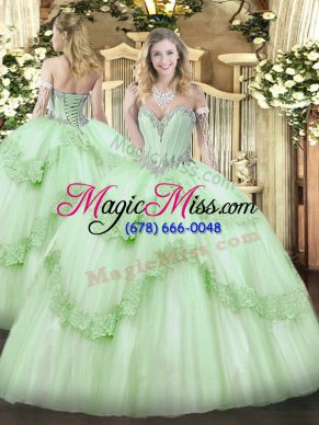 Deluxe Apple Green Ball Gowns Beading and Appliques 15 Quinceanera Dress Lace Up Tulle Sleeveless Floor Length