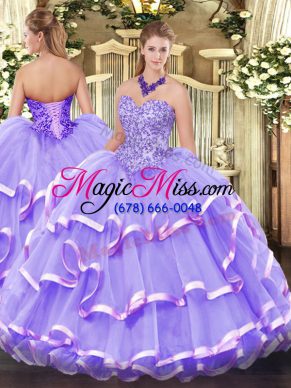 Lavender Organza Lace Up Quinceanera Gowns Sleeveless Floor Length Appliques and Ruffled Layers