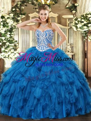 Comfortable Blue Tulle Lace Up Quinceanera Dress Sleeveless Floor Length Beading and Ruffles