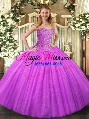 Clearance Lilac Ball Gowns Tulle Sweetheart Sleeveless Beading Floor Length Lace Up Sweet 16 Dress