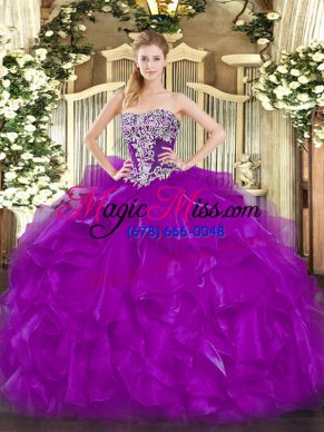 Customized Purple Quinceanera Dresses Military Ball and Sweet 16 and Quinceanera with Beading and Ruffles Strapless Sleeveless Lace Up
