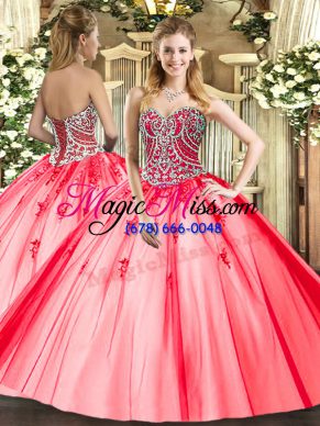 Hot Sale Coral Red Sleeveless Tulle Lace Up Vestidos de Quinceanera for Military Ball and Sweet 16 and Quinceanera