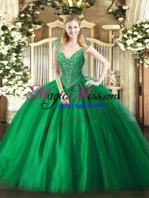 V-neck Sleeveless Quinceanera Dresses Floor Length Beading Green Tulle
