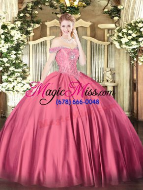 Off The Shoulder Sleeveless Quinceanera Dresses Floor Length Beading Hot Pink Satin