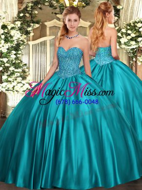Teal Sleeveless Satin Lace Up Quince Ball Gowns for Military Ball and Sweet 16 and Quinceanera