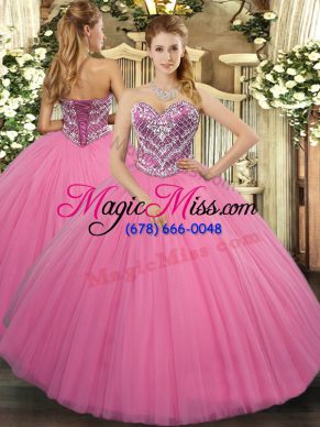 Ball Gowns 15th Birthday Dress Rose Pink Sweetheart Tulle Sleeveless Floor Length Lace Up