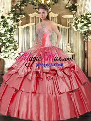 On Sale Coral Red Organza and Taffeta Lace Up Sweetheart Sleeveless Floor Length Sweet 16 Dresses Beading and Ruffled Layers
