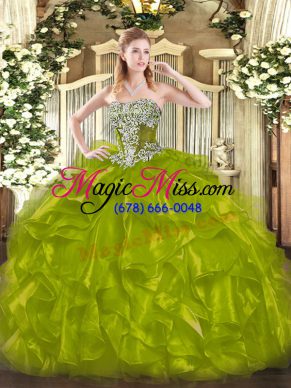Sweet Strapless Sleeveless Lace Up Sweet 16 Dress Olive Green Organza