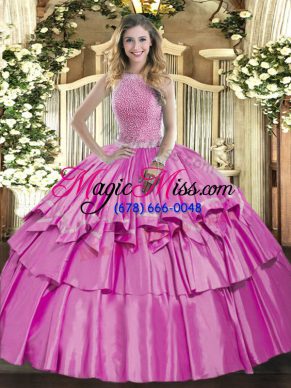 Lilac Lace Up High-neck Beading and Ruffled Layers Quinceanera Gown Organza and Taffeta Sleeveless