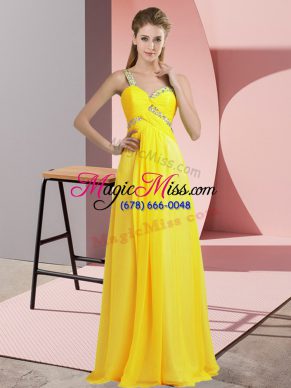 Empire Dress for Prom Yellow One Shoulder Chiffon Sleeveless Floor Length Lace Up