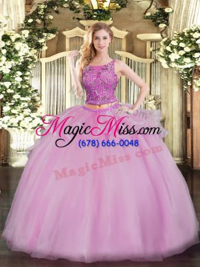Floor Length Lace Up Sweet 16 Dresses Lilac for Military Ball and Sweet 16 and Quinceanera with Beading