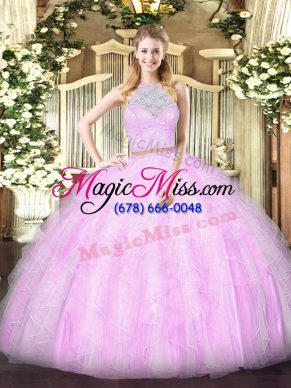Scoop Sleeveless 15 Quinceanera Dress Floor Length Lace and Ruffles Lilac Tulle