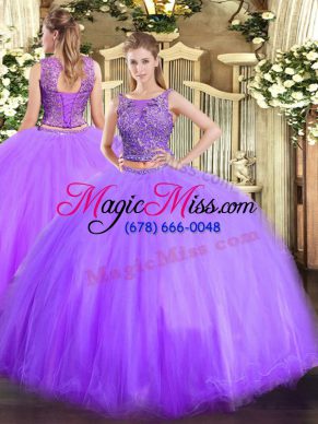 Fashionable Lavender Tulle Lace Up Scoop Sleeveless Floor Length Quinceanera Gown Beading