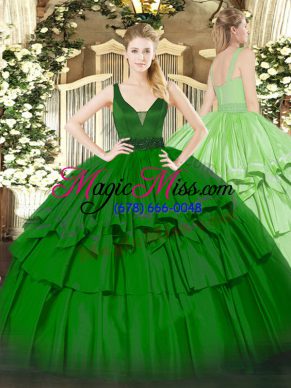 Green Sleeveless Floor Length Beading and Ruffled Layers Zipper Quinceanera Dresses