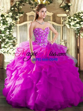 Fuchsia Ball Gowns Embroidery and Ruffles 15th Birthday Dress Lace Up Organza Sleeveless Floor Length