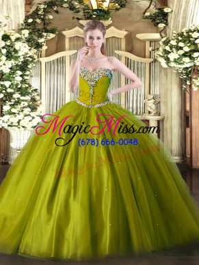 Olive Green Ball Gowns Beading 15 Quinceanera Dress Lace Up Tulle Sleeveless Floor Length
