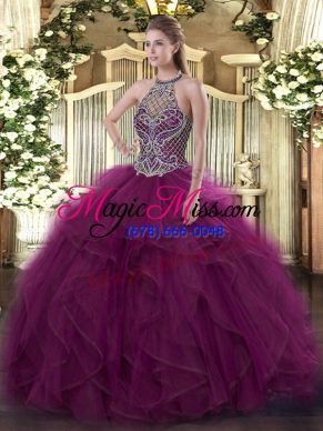 Luxury Halter Top Sleeveless Lace Up Sweet 16 Dress Fuchsia Organza