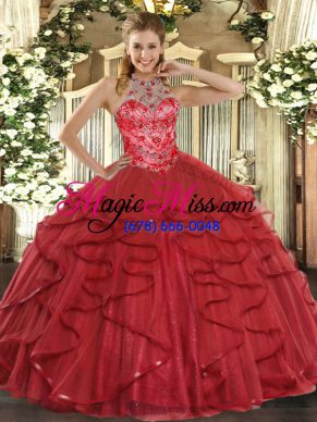 Top Selling Halter Top Sleeveless Organza Quinceanera Dresses Beading and Ruffles Lace Up