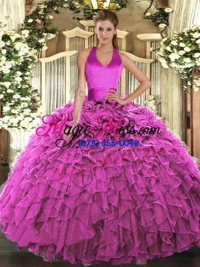 Clearance Floor Length Lace Up Sweet 16 Dresses Fuchsia for Military Ball and Sweet 16 and Quinceanera with Ruffles