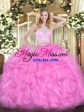 Pretty Rose Pink Organza Zipper Sweet 16 Dress Sleeveless Floor Length Lace and Ruffles