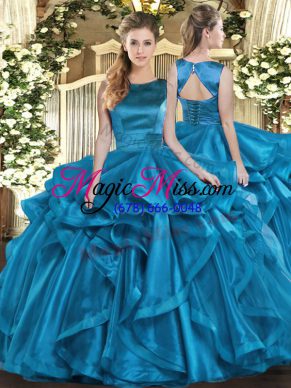 Custom Fit Sleeveless Floor Length Ruffles Lace Up Quinceanera Dresses with Teal
