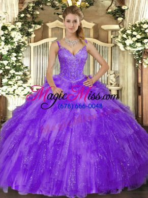 Fantastic Ball Gowns Sweet 16 Quinceanera Dress Lavender V-neck Tulle Sleeveless Floor Length Lace Up