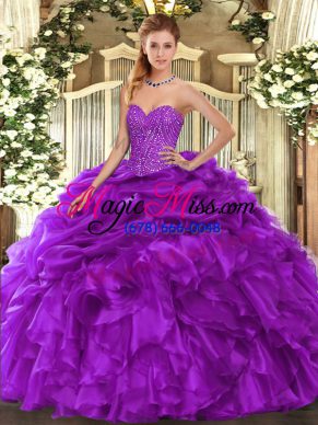 Organza Sweetheart Sleeveless Lace Up Beading and Ruffles and Pick Ups Ball Gown Prom Dress in Purple