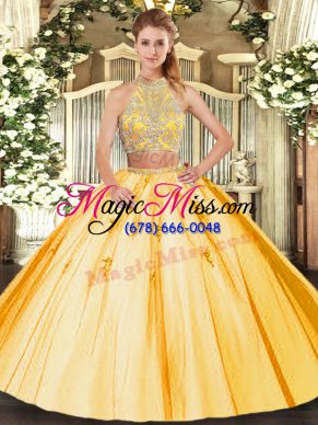 Fine Gold Two Pieces Tulle Halter Top Sleeveless Beading and Appliques Floor Length Criss Cross Quince Ball Gowns