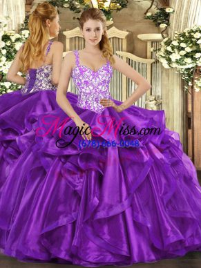 Eggplant Purple Lace Up Straps Beading and Appliques and Ruffles Quinceanera Gown Organza Sleeveless