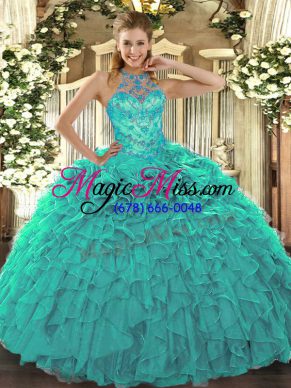 Sleeveless Floor Length Beading and Embroidery and Ruffles Lace Up Sweet 16 Dresses with Turquoise
