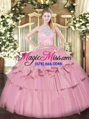 Elegant Baby Pink Sleeveless Floor Length Lace and Ruffled Layers Zipper Sweet 16 Quinceanera Dress