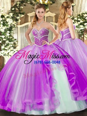 Lavender Ball Gowns Beading and Ruffles Quinceanera Dresses Lace Up Tulle Sleeveless Floor Length