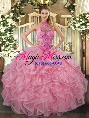 Halter Top Sleeveless Lace Up 15th Birthday Dress Baby Pink Organza