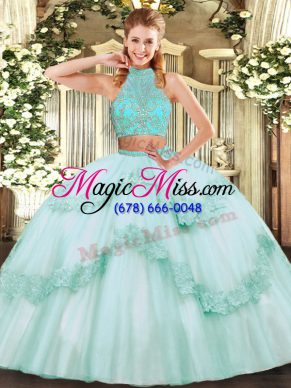 Floor Length Criss Cross Quinceanera Dresses Apple Green for Military Ball and Sweet 16 and Quinceanera with Beading and Appliques and Ruffles