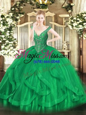 Super Green Lace Up V-neck Beading and Ruffles Quinceanera Gown Tulle Sleeveless