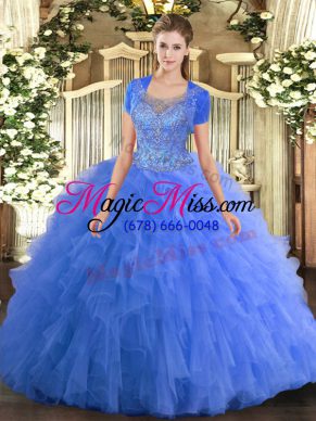 New Arrival Tulle Scoop Sleeveless Clasp Handle Beading and Ruffled Layers Quinceanera Gown in Baby Blue