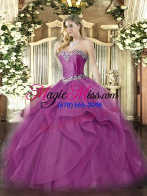 Suitable Sweetheart Sleeveless 15th Birthday Dress Floor Length Beading and Ruffles Fuchsia Tulle