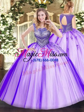 Suitable Lavender Sleeveless Tulle Lace Up Ball Gown Prom Dress for Sweet 16 and Quinceanera