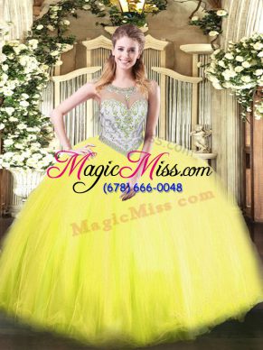 Exquisite Yellow Green Ball Gowns Tulle Scoop Sleeveless Beading Floor Length Zipper Quince Ball Gowns