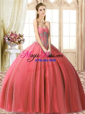 New Arrival Tulle Sweetheart Sleeveless Lace Up Beading Quince Ball Gowns in Coral Red
